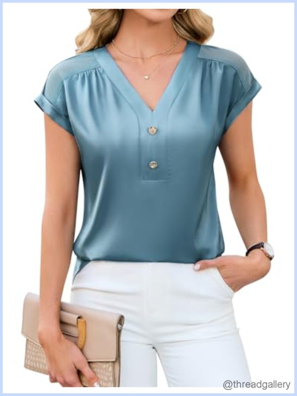 Satin Silk Pleated V-Neck Blouse Short Rolled Sleeves Mesh Shoulder
